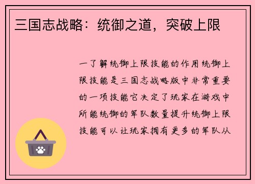 三国志战略：统御之道，突破上限